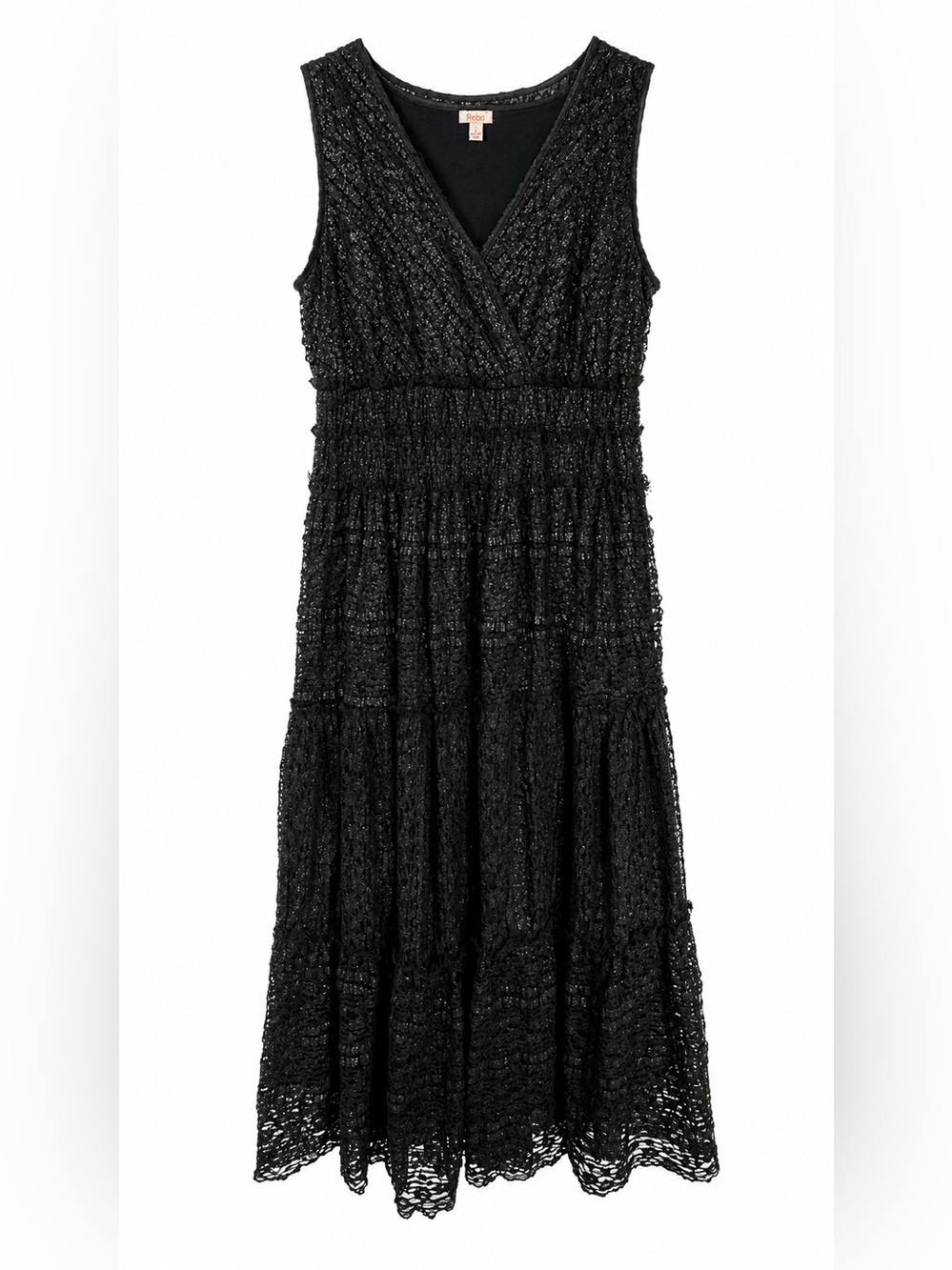Reba Black Sleeveless V-Neck Tiered Lace Midi Dress